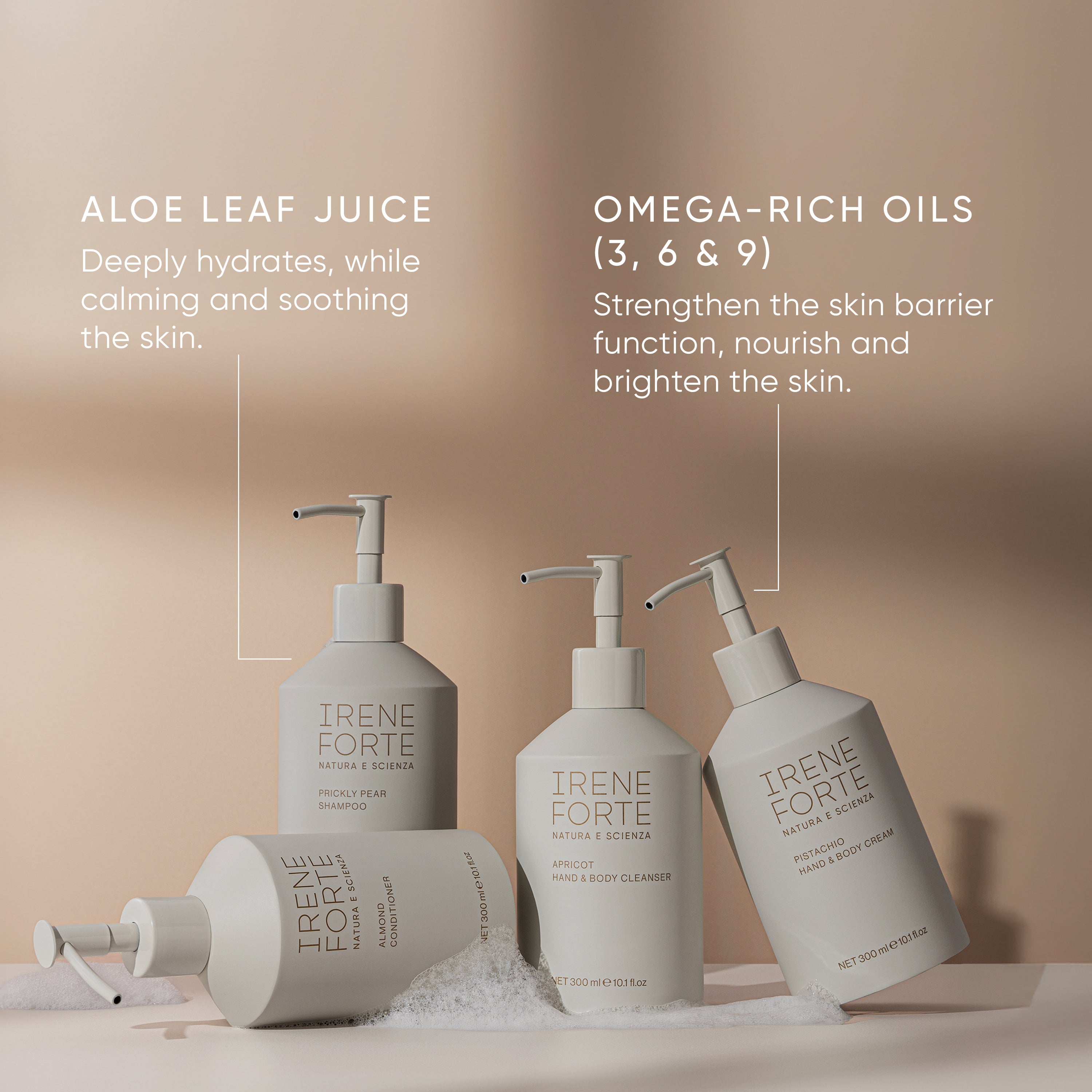 Irene Forte Body care products with a beige background and text about aloe leaf juice and omega-rich oils.