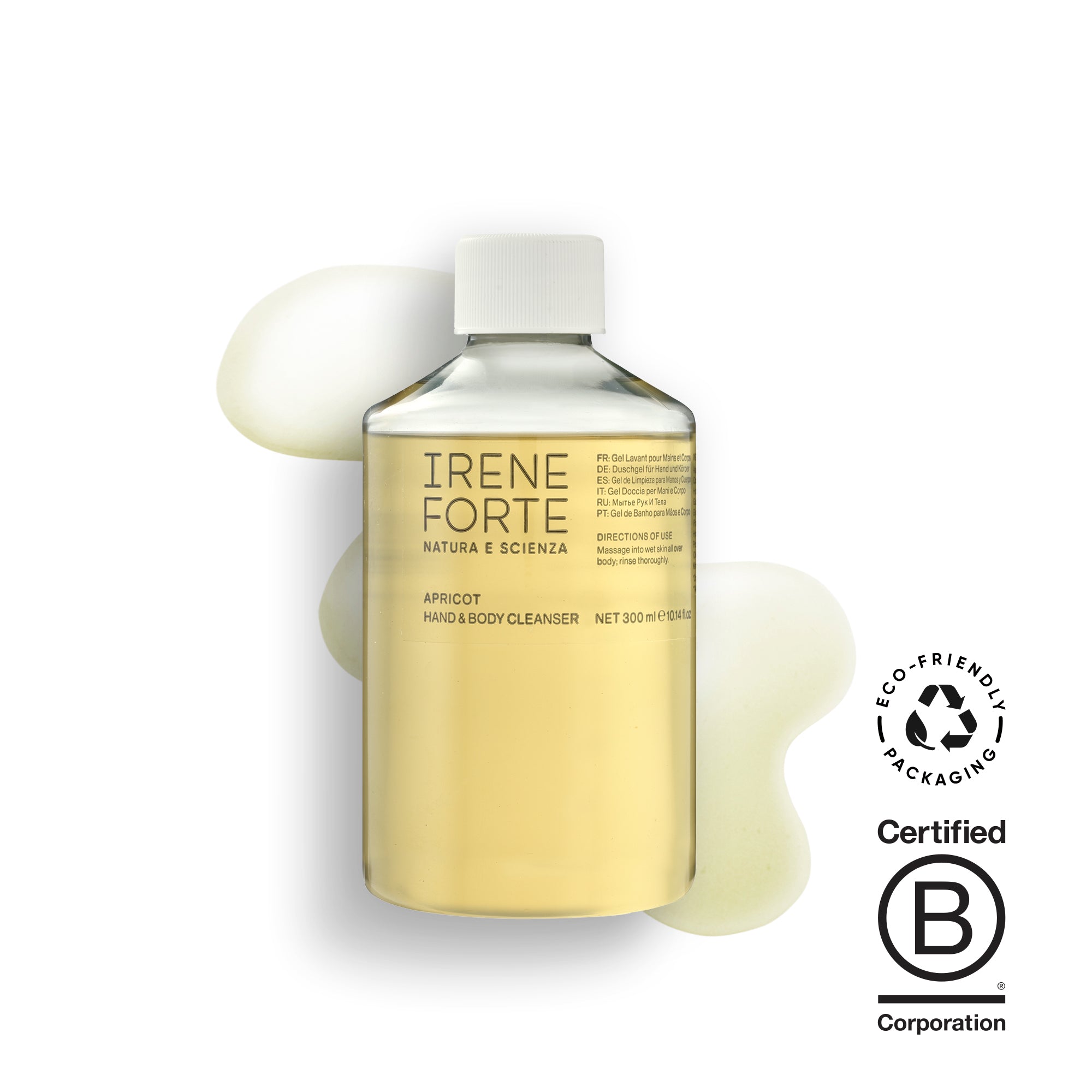 A clear bottle with a yellow-gold colored Apricot Hand & Body Cleanser Refill. The label reads &