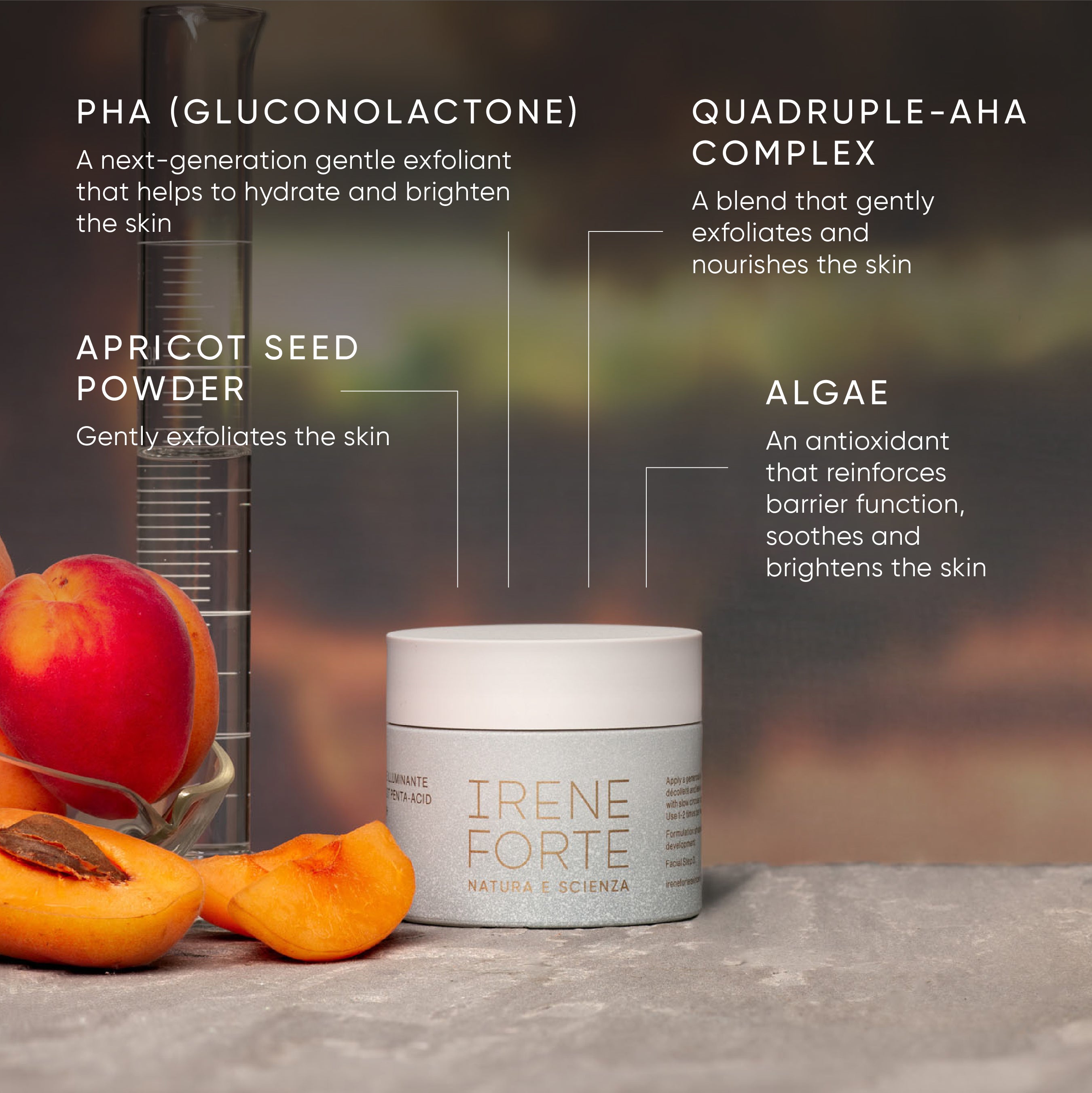 Irene Forte Apricot Penta Acid Polish product with key ingredients listed on a blurred natural background
