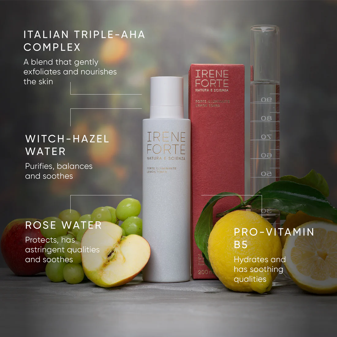 Irene Forte lemon toner bottle and packaging on a white background