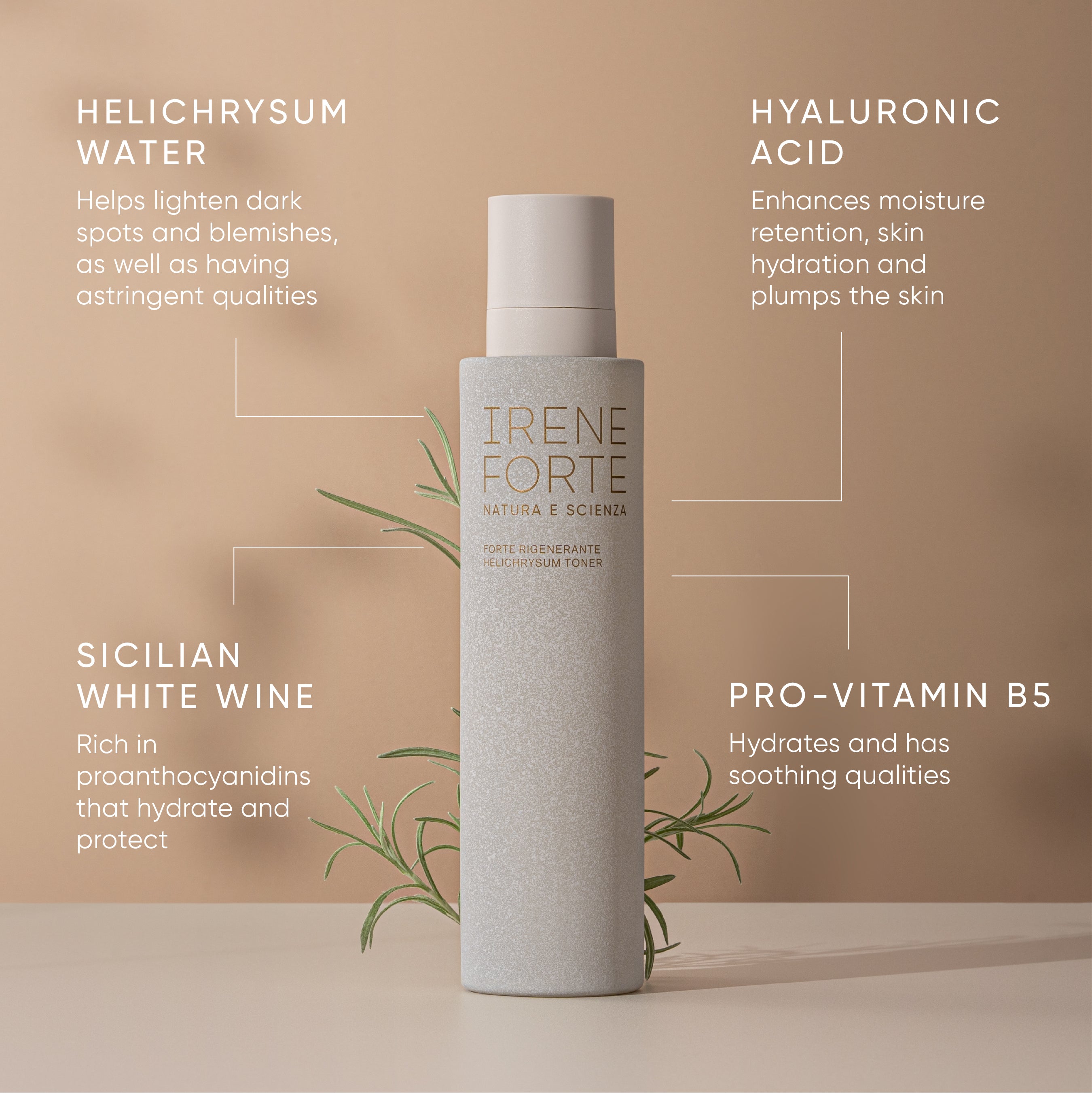 Irene Forte skincare Helichrysum Toner product with key ingredients listed on a beige background