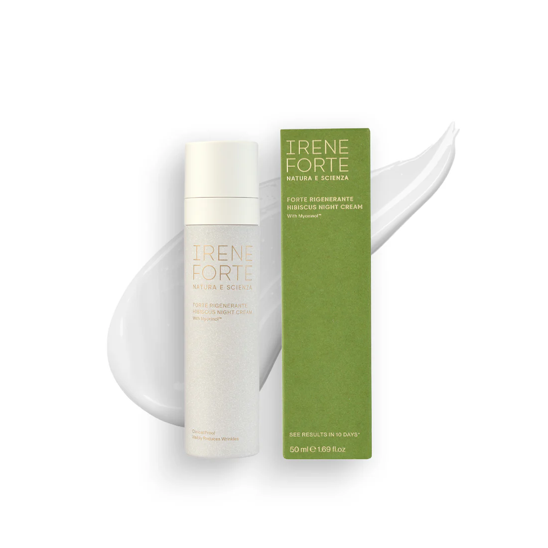 Irene Forte skincare Hibiscus Night Cream product with packaging on a white background