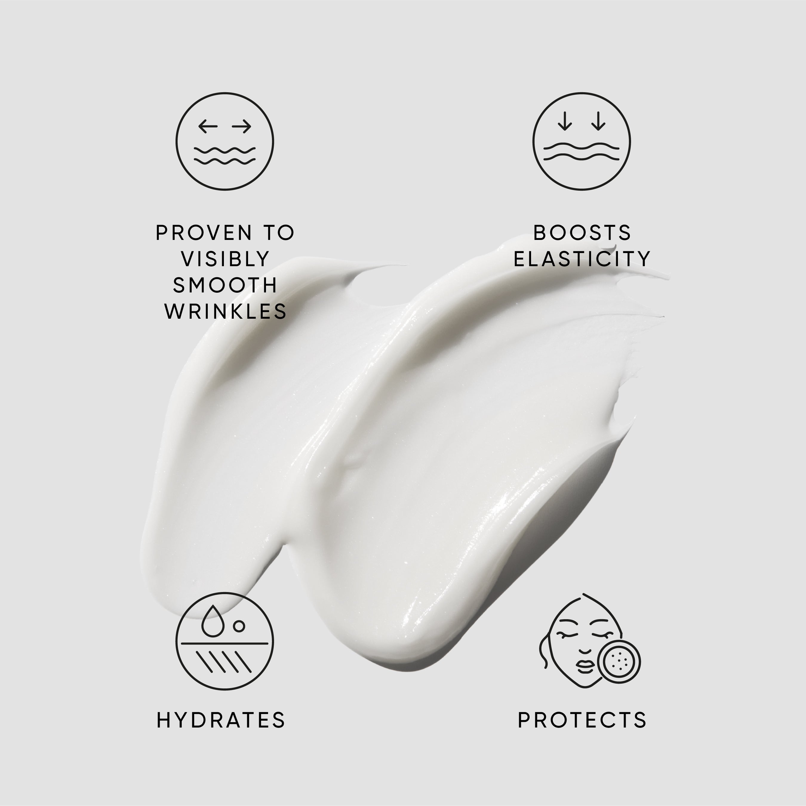 Skincare product with text indicating its benefits on a light gray background