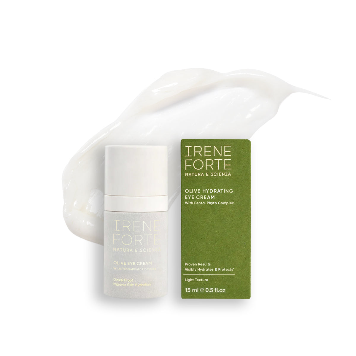 Irene Forte olive hydrating eye cream with packaging on a white background
