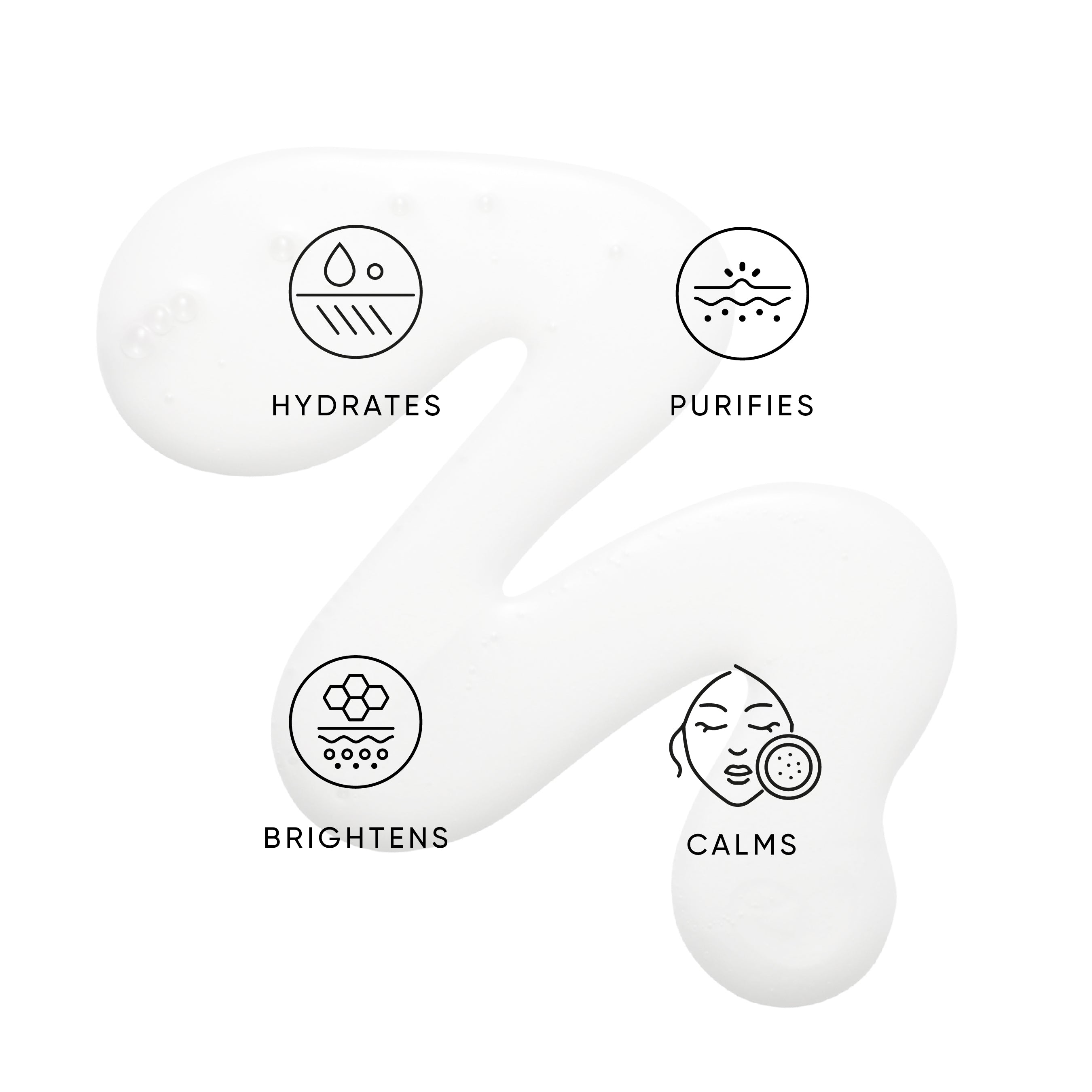 White U-shaped product with icons and text indicating hydration, purification, brightening, and calming benefits on a white background.