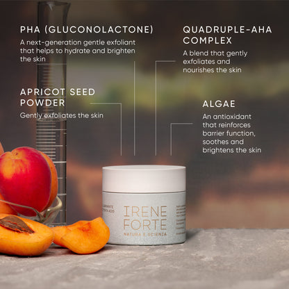 Irene Forte Apricot Penta Acid Polish product with key ingredients listed on a blurred natural background