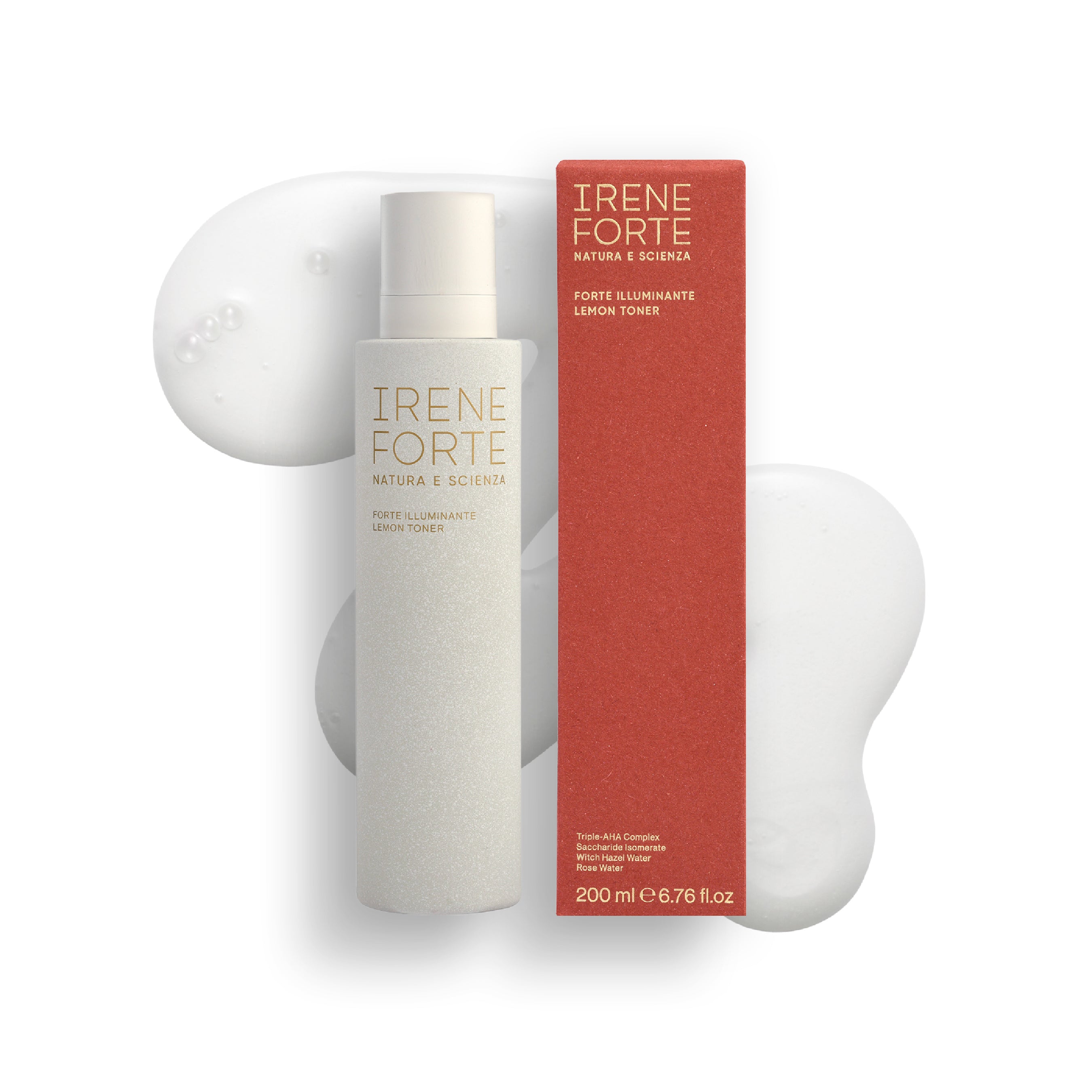 Irene Forte lemon toner bottle and packaging on a white background