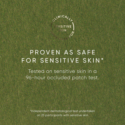 Text on a green background indicating proven safety for sensitive skin.