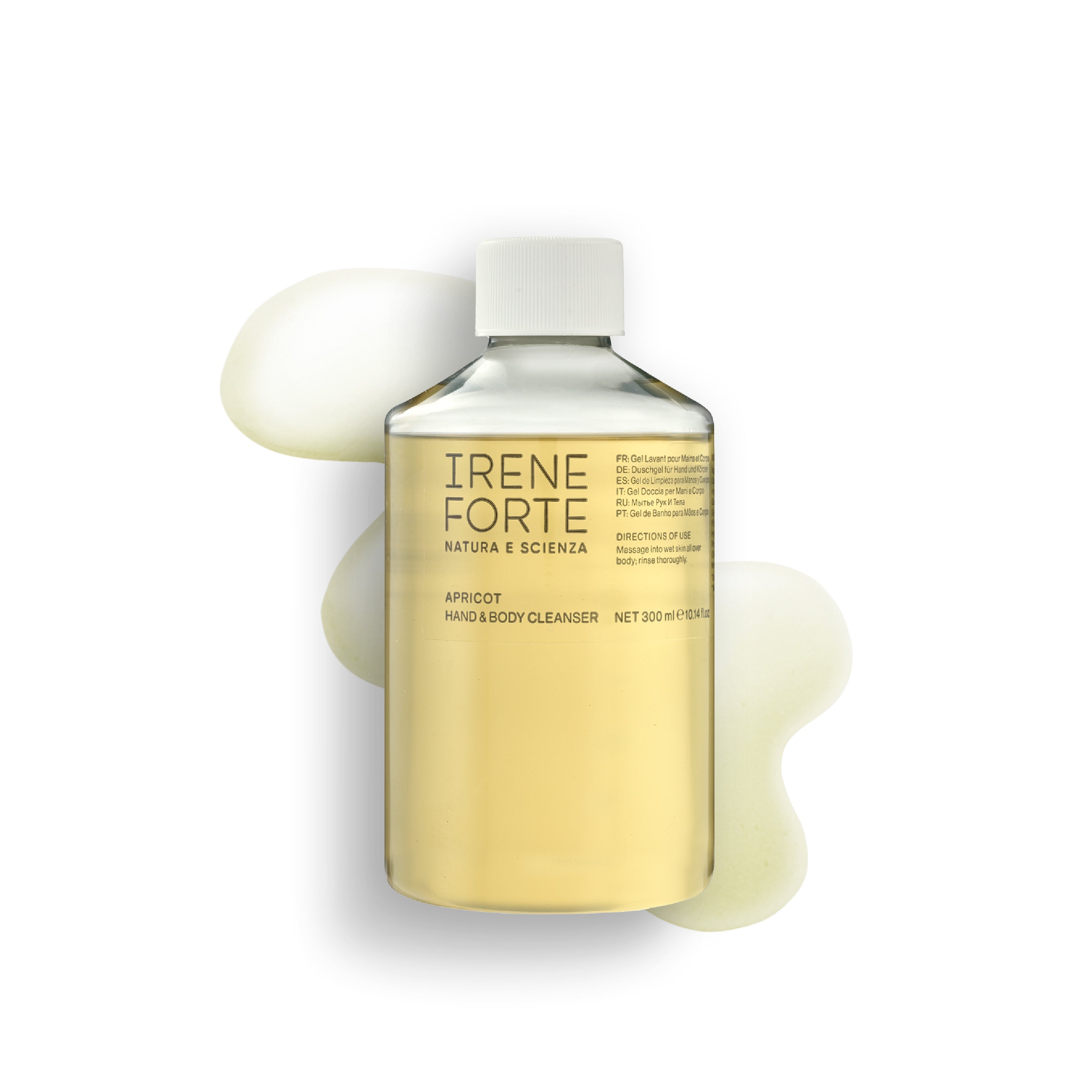 Irene Forte hand and body cleanser bottle with product application on a white background