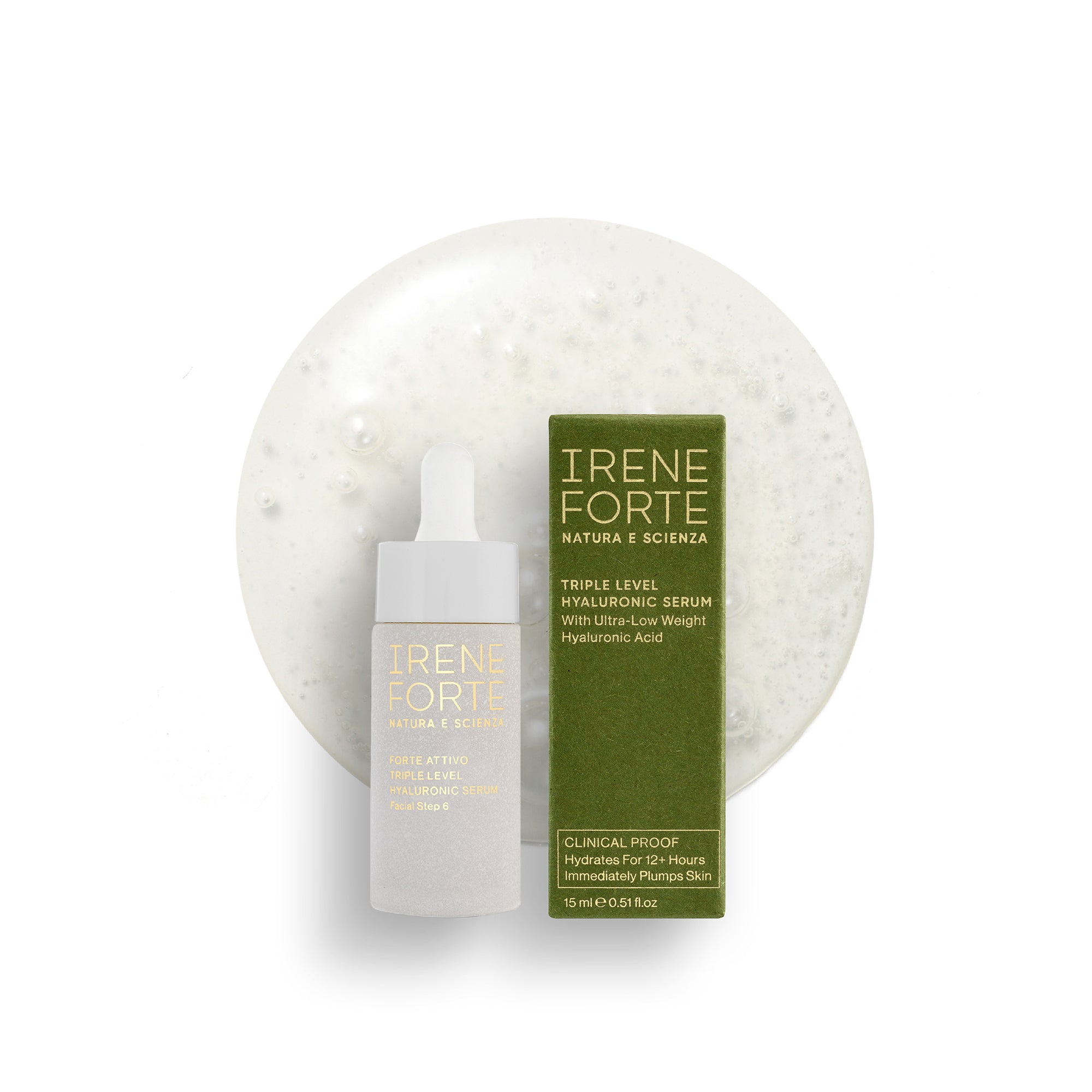 Irene Forte skincare Hyaluronic serum bottle and packaging on a white background