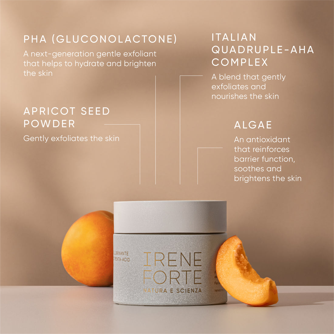 Irene Forte Apricot Penta-Acid Polish product with packaging on a white background