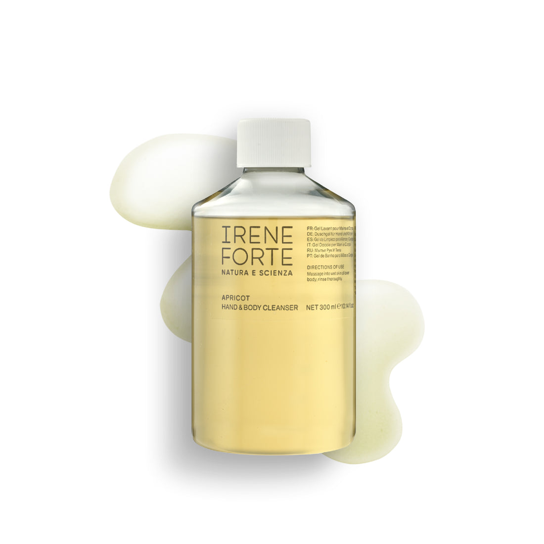 Irene Forte hand and body cleanser bottle with product application on a white background