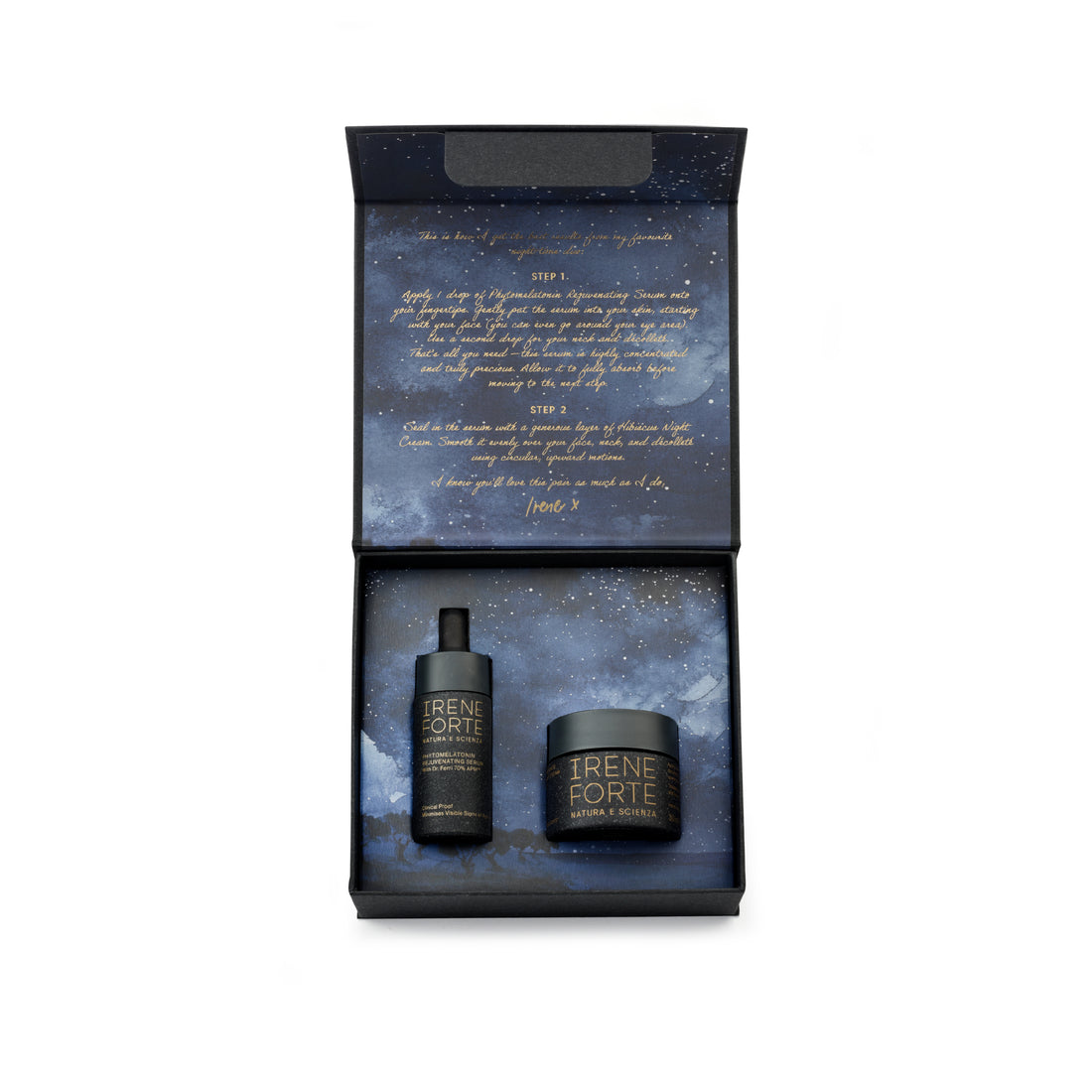 Irene Forte skincare product set in a decorative box with starry night design