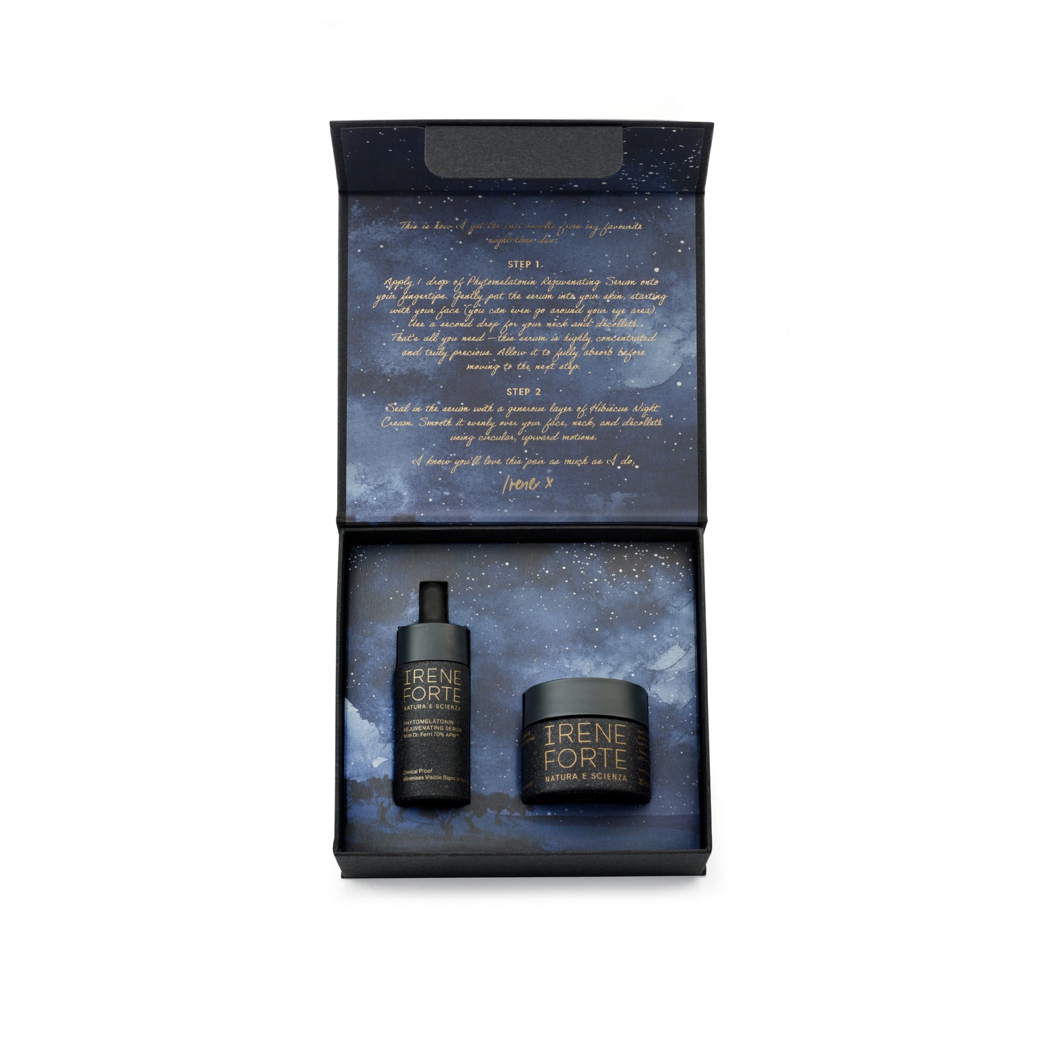 Irene Forte skincare product set in a decorative box with starry night design