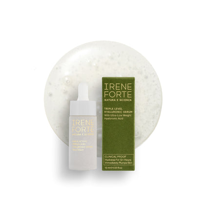 Irene Forte skincare Hyaluronic serum bottle and packaging on a white background
